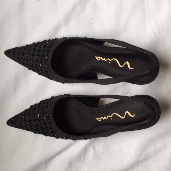 Black Nina Beaded Point Toe Sling-Back Heel Pumps - Picture 3 of 5